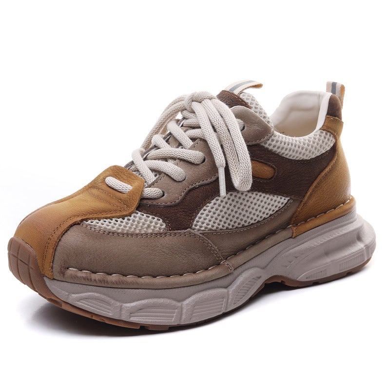 First-Layer Cowhide Thick-Soled Wedge-Heeled Forrest Gump Shoes 2025 Spring New Retro Breathable Round-Toe Sports Dad Shoes - Image 1