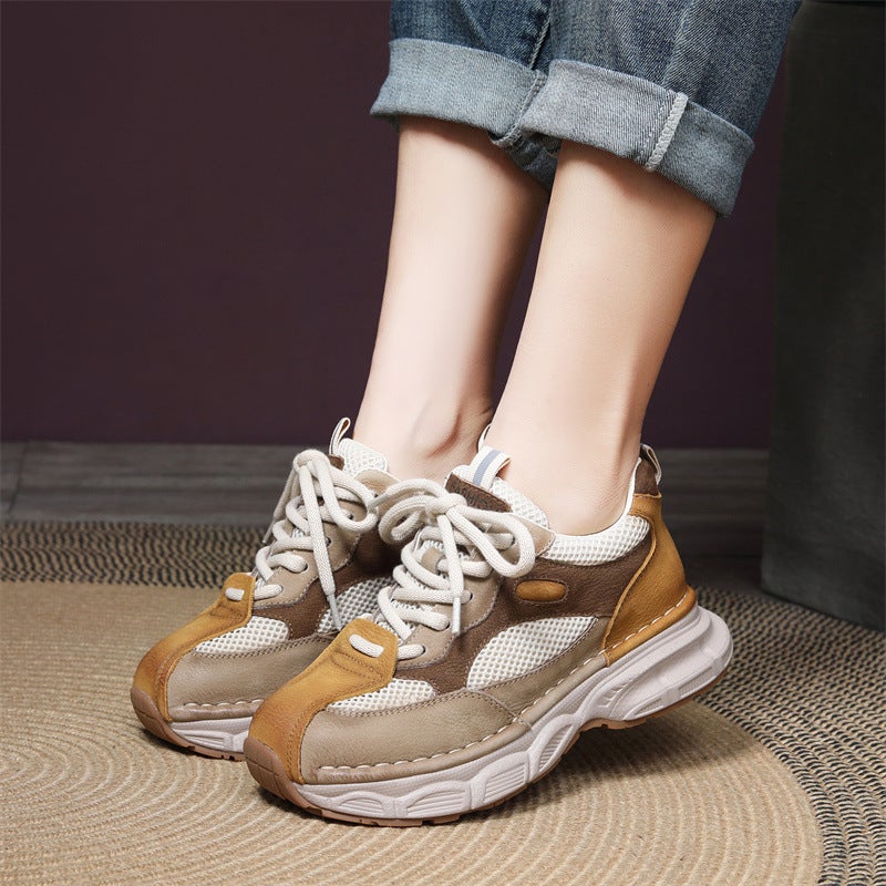 First-Layer Cowhide Thick-Soled Wedge-Heeled Forrest Gump Shoes 2025 Spring New Retro Breathable Round-Toe Sports Dad Shoes - Image 4