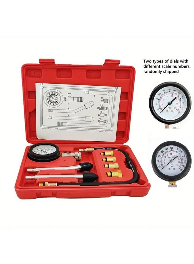 Red Engine Compression Tester Kit 0 300psi Automotive Motorcycle Cylinder Pressure Gauge with Adapters - Image 1