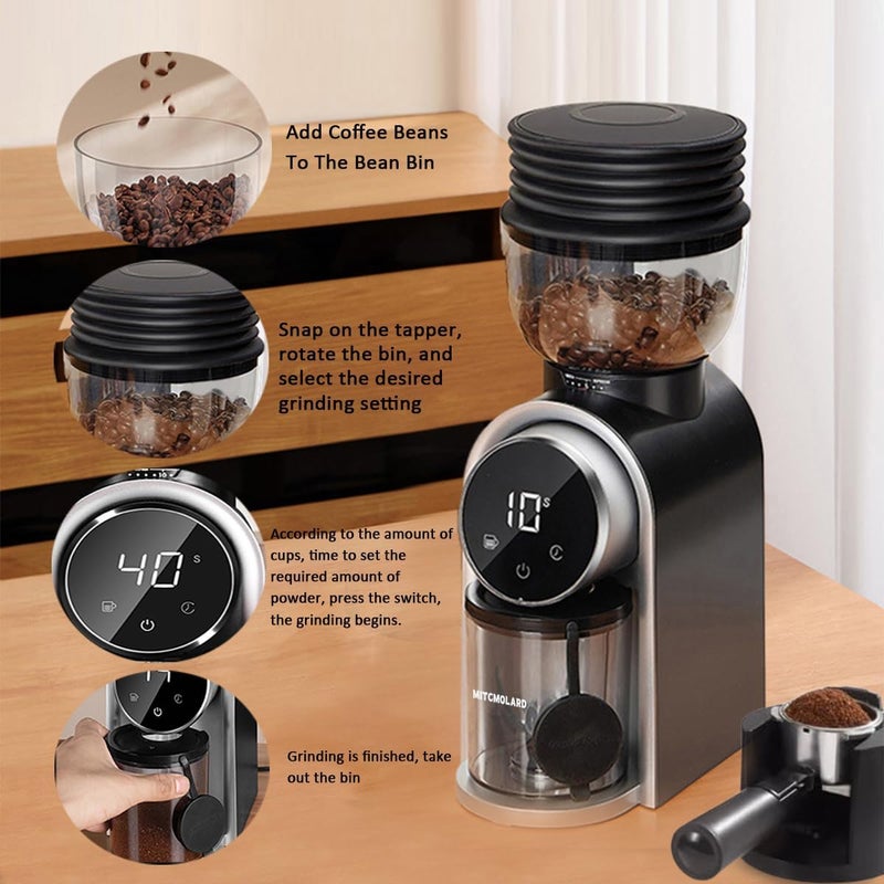 MITCMOLARD Electric Burr Coffee Grinder, Conical Burr, 25 Precise Settings, 14 Cups | مطحنة اسبريسو with Precise Timer, V60 Coffee Grinder with Air Blower Perfect for Espresso, Drip, Pour Over, French Press - Image 3