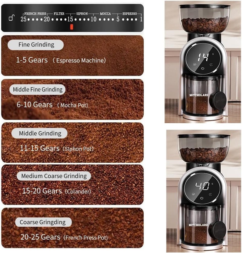 MITCMOLARD Electric Burr Coffee Grinder, Conical Burr, 25 Precise Settings, 14 Cups | مطحنة اسبريسو with Precise Timer, V60 Coffee Grinder with Air Blower Perfect for Espresso, Drip, Pour Over, French Press - Image 5