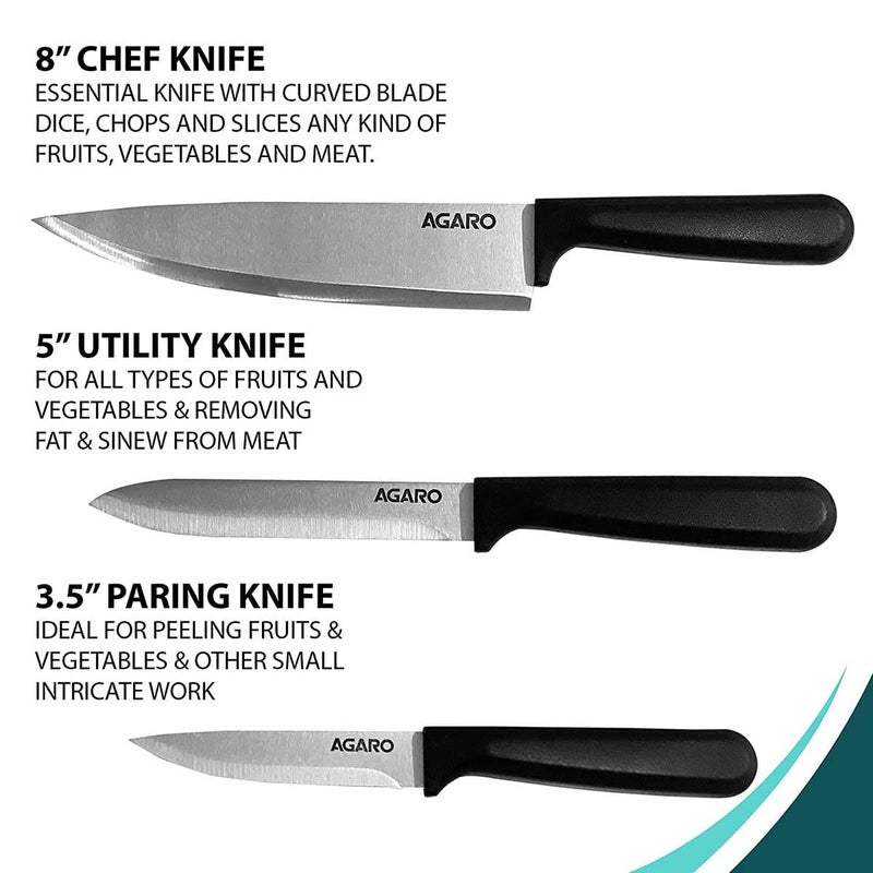 AGARO Majestic 3 Pcs Knife Set for Kitchen, High Carbon Stainless Steel, Non-Slip PP Handle, Cooking, Cutting, Slicing, Utility, Paring, Home and Restaurant Use, Silver. - Image 2