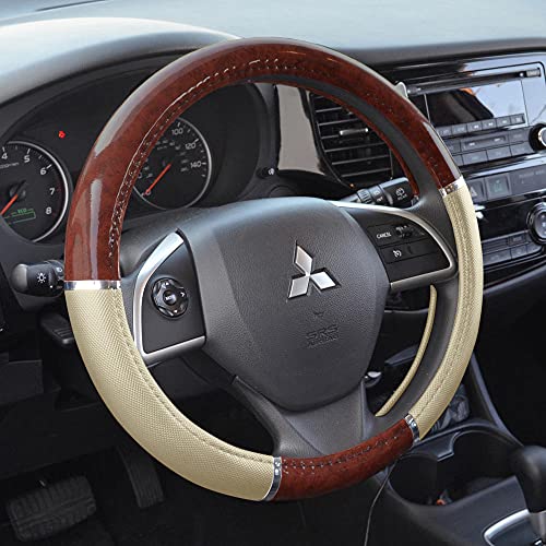 BDK Dark Wood Grain Car Steering Wheel Cover Standard 15 inch with Beige Faux Leather Grip Made to Fit Most Auto Truck Van SUV