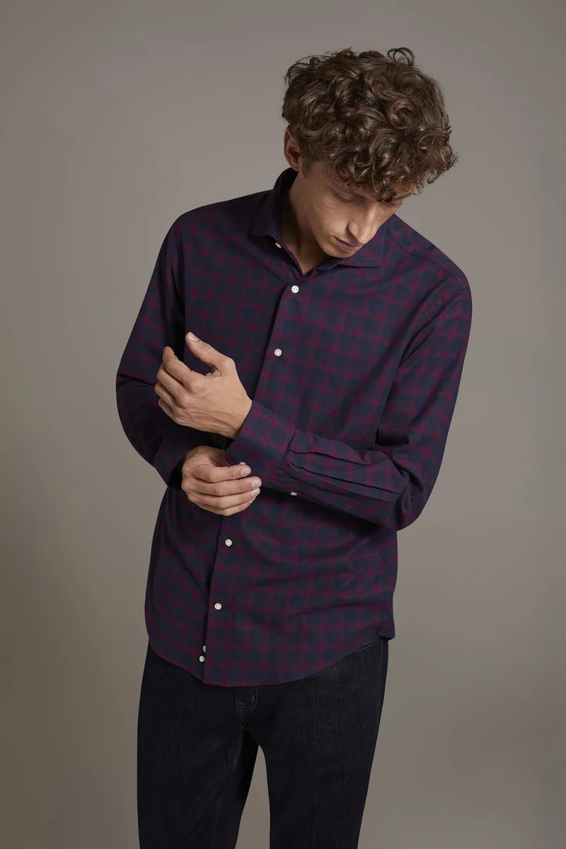 دوبل غانغر Casual shirt with french collar comfort fit checked flannel fabric - Bordeaux
