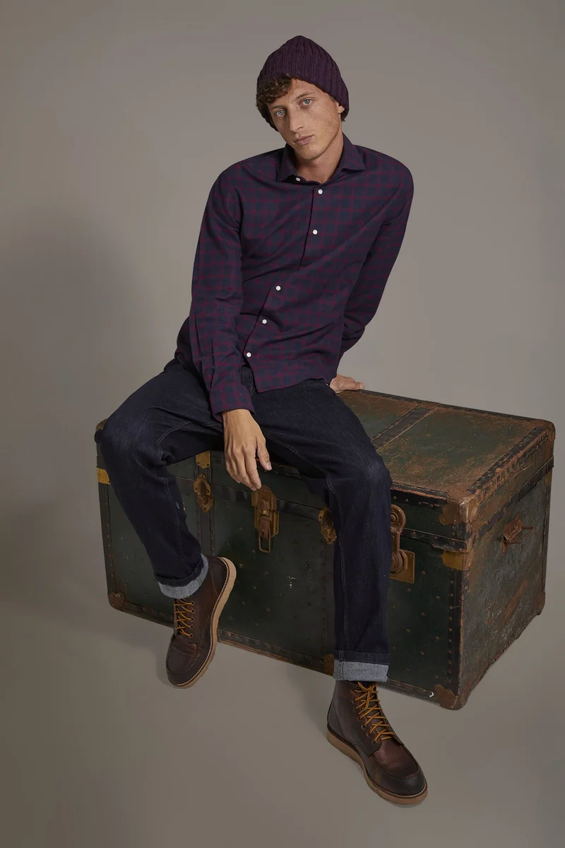 دوبل غانغر Casual shirt with french collar comfort fit checked flannel fabric - Bordeaux