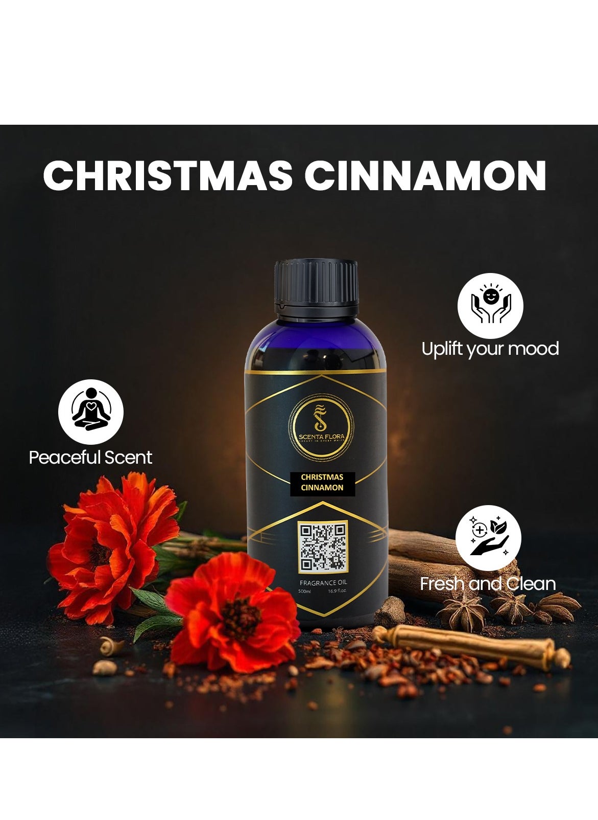 Scenta Flora CHRISTMAS CINNAMON - Diffuser Aroma Oil | A Vibrant Blend of Spicy, Floral, and Woody Notes | Aroma Oil for a Refreshing Atmosphere - Aromatherapy (500ml) 