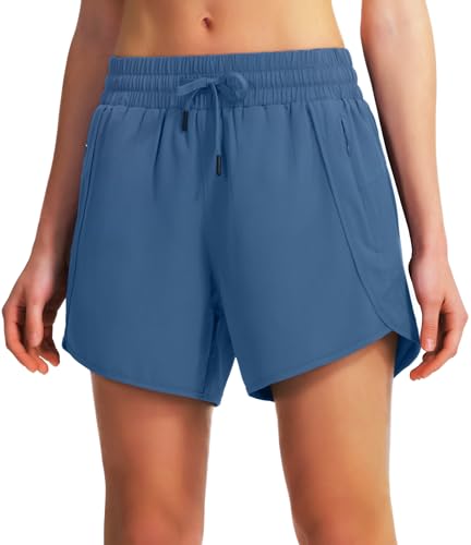 Ksmien Women's 5"/ 7" Athletic Running Shorts Quick Dry Lightweight Workout Gym Shorts with Zipper Pockets UPF 50+ Blue L - Image 4