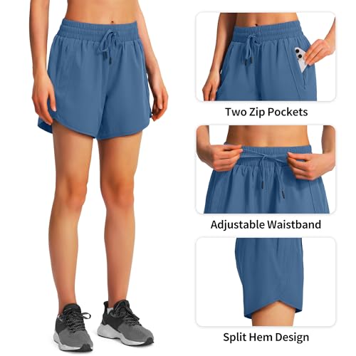 Ksmien Women's 5"/ 7" Athletic Running Shorts Quick Dry Lightweight Workout Gym Shorts with Zipper Pockets UPF 50+ Blue L - Image 5