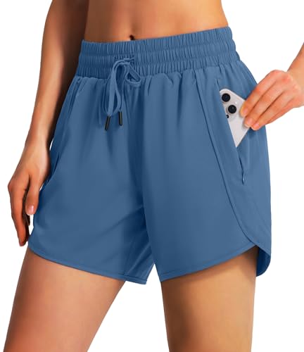 Ksmien Women's 5"/ 7" Athletic Running Shorts Quick Dry Lightweight Workout Gym Shorts with Zipper Pockets UPF 50+ Blue L - Image 1