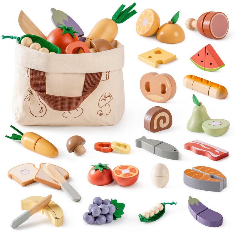 ROBOTIME Wooden Play Food Cutting Fruit Set Pretend Play Toy Food for Play Kitchen with Shopping Bag Kids Kitchen Accessories Wooden Fruit Toys for Kids Boys Girls - Image 2