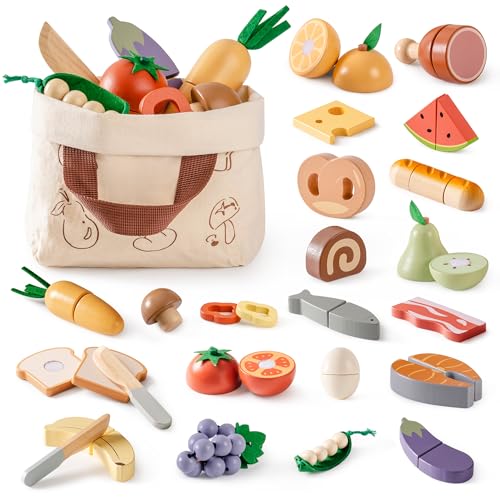 ROBOTIME Wooden Play Food Cutting Fruit Set Pretend Play Toy Food for Play Kitchen with Shopping Bag Kids Kitchen Accessories Wooden Fruit Toys for Kids Boys Girls - Image 1