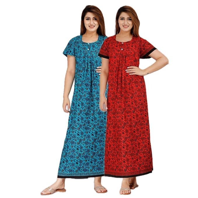 YUKATA Nighty for Women Cotton Printed Maxi Gown Ankle Length Nighty Night Dress Gown for Women Maxi - Free Size (Pack of 2) (Free Size, Blue&Red) - Image 1