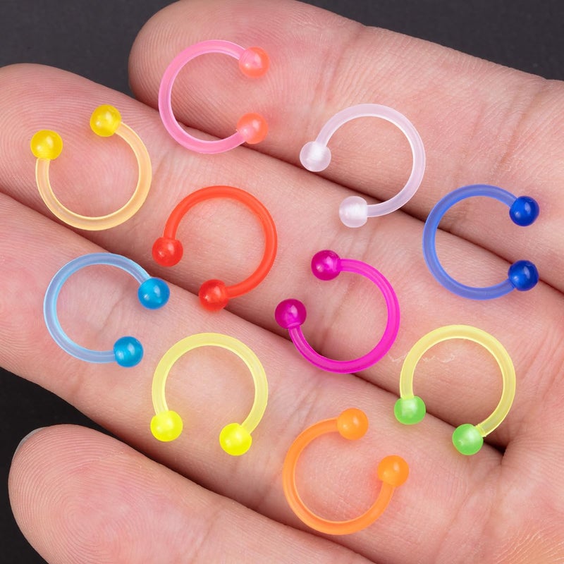 POYAMUSE Glow in the Dark Neon Colored Horseshoe Circular Barbell Piercing Ring - Nose Septum Eyebrow Lip Rings Septum Retainer for Women Piercing Jewelry-10pcs - Image 3