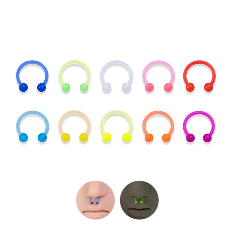 POYAMUSE Glow in the Dark Neon Colored Horseshoe Circular Barbell Piercing Ring - Nose Septum Eyebrow Lip Rings Septum Retainer for Women Piercing Jewelry-10pcs - Image 1