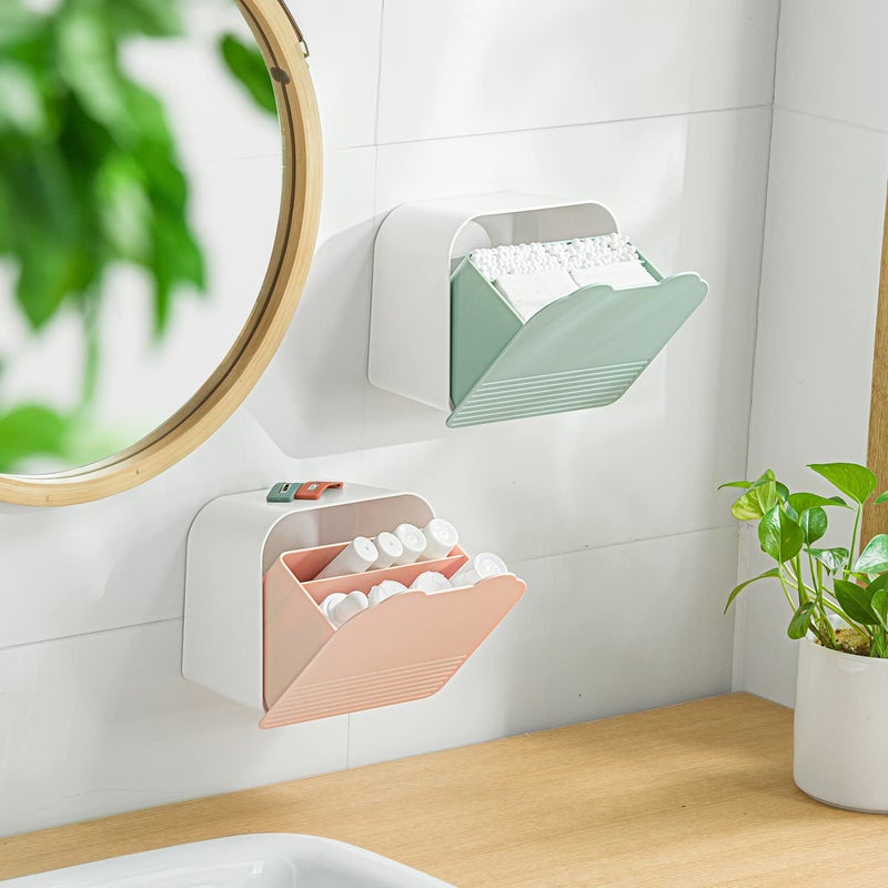 MORNITE Wall Organizer Box Jar, Bathroom Vanity Storage Canister Holder for Cotton Swabs,Balls,Makeup Pads,Sponges,Bath Salts,Sanitary Napkins, Kitchen Office Bedroom Washroom,Pink - Image 1