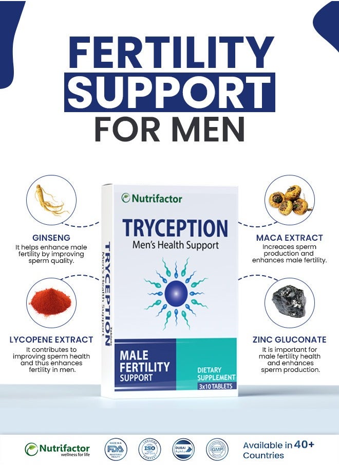 Nutrifactor - Tryception | Male Conception and Testosterone Booster Supplement | 20 Essential Nutrients with Maca Root, L-Carnitine, Zinc, and Selenium - 30 Tablets - Image 1