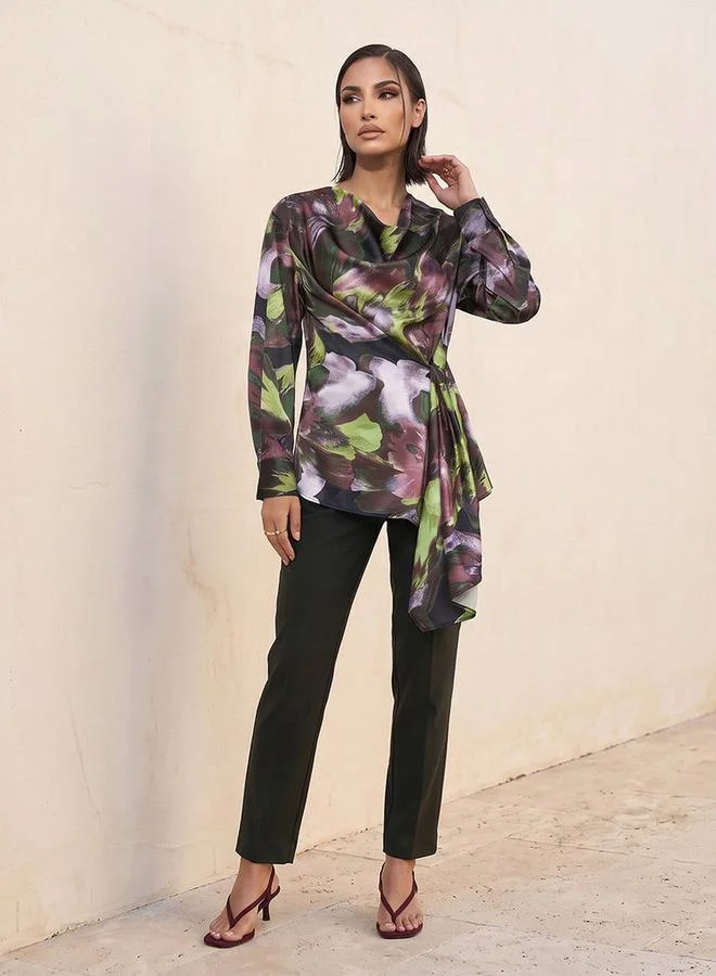 Iconic Iconic Satin Drape Top with Floral Print