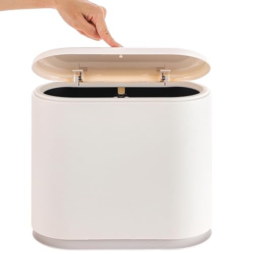 Baosia White Slim Rectangular Plastic Trash Can with Press Type Lid,12 Liter / 3.2 Gallon Narrow Trash Bin with Pop-up Lid for Toilet,Bedroom,Bathroom,Office,Kitchen,Powder Room - Image 1