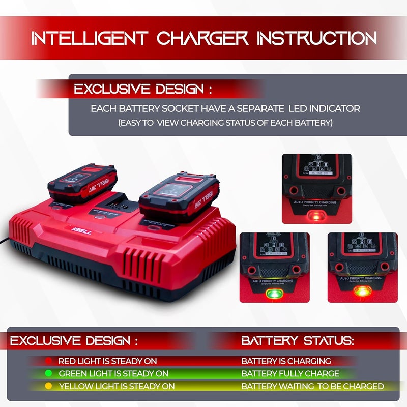 iBELL شاحن ثلاثي لبطاريات ليثيوم أيون من سلسلة One Power | شاحن بطارية 21V بـ 3 فتحات مع منفذ USB | شحن سريع 65W | خرج 3A | إدخال AC 100-240V~ 50/60Hz | شحن متسلسل ذو أولوية. - Image 3