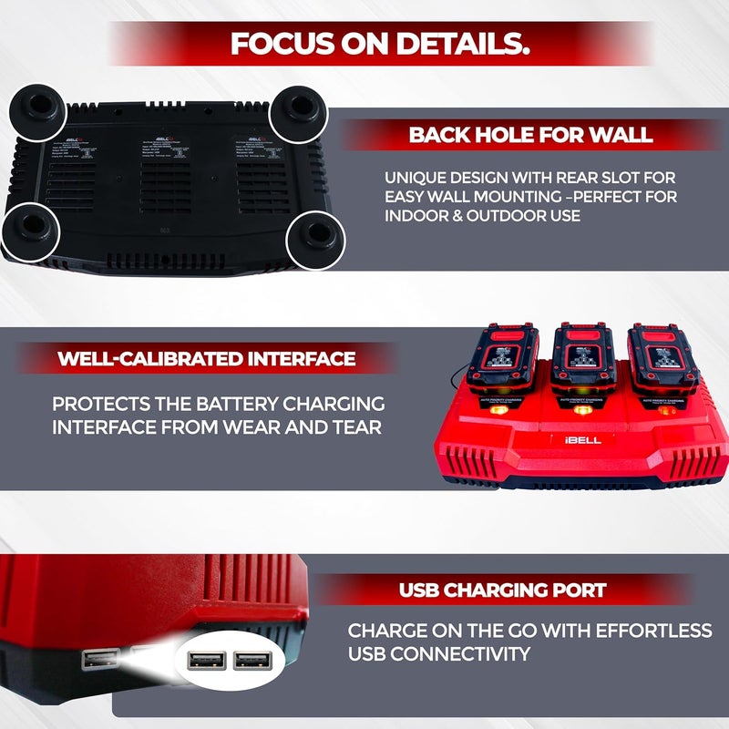 iBELL شاحن ثلاثي لبطاريات ليثيوم أيون من سلسلة One Power | شاحن بطارية 21V بـ 3 فتحات مع منفذ USB | شحن سريع 65W | خرج 3A | إدخال AC 100-240V~ 50/60Hz | شحن متسلسل ذو أولوية. - Image 5