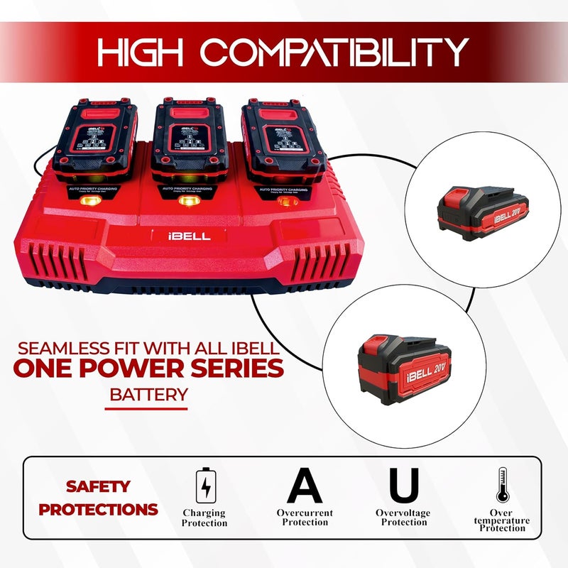 iBELL شاحن ثلاثي لبطاريات ليثيوم أيون من سلسلة One Power | شاحن بطارية 21V بـ 3 فتحات مع منفذ USB | شحن سريع 65W | خرج 3A | إدخال AC 100-240V~ 50/60Hz | شحن متسلسل ذو أولوية. - Image 2