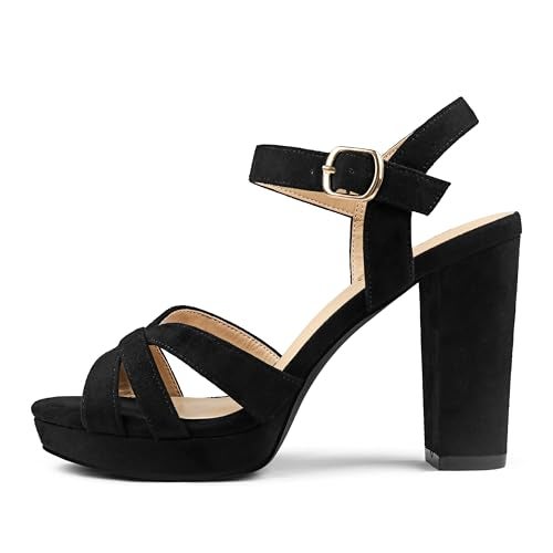 COLETER Women's Platform Chunky Heels Ankle Strap Block Heeled Sandals Party Wedding Shoes Suede Black 6.5US - Image 4