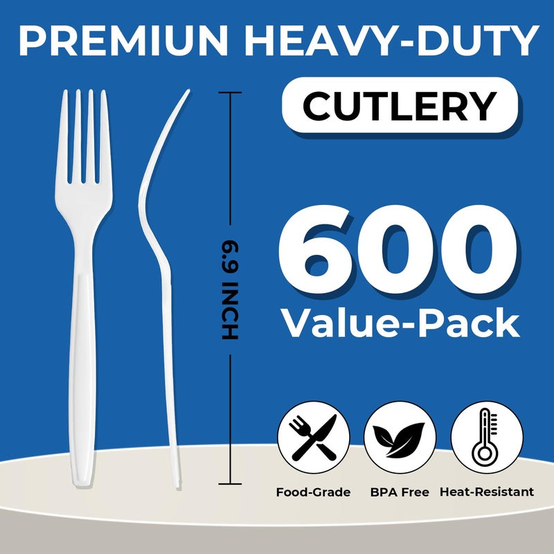 biocean 600Pack Disposable Plastic Forks Bulk White Heavy Duty Silverware - Value Pack Cutlery Set For Parties  Restaurant (600FORKS) - Image 2