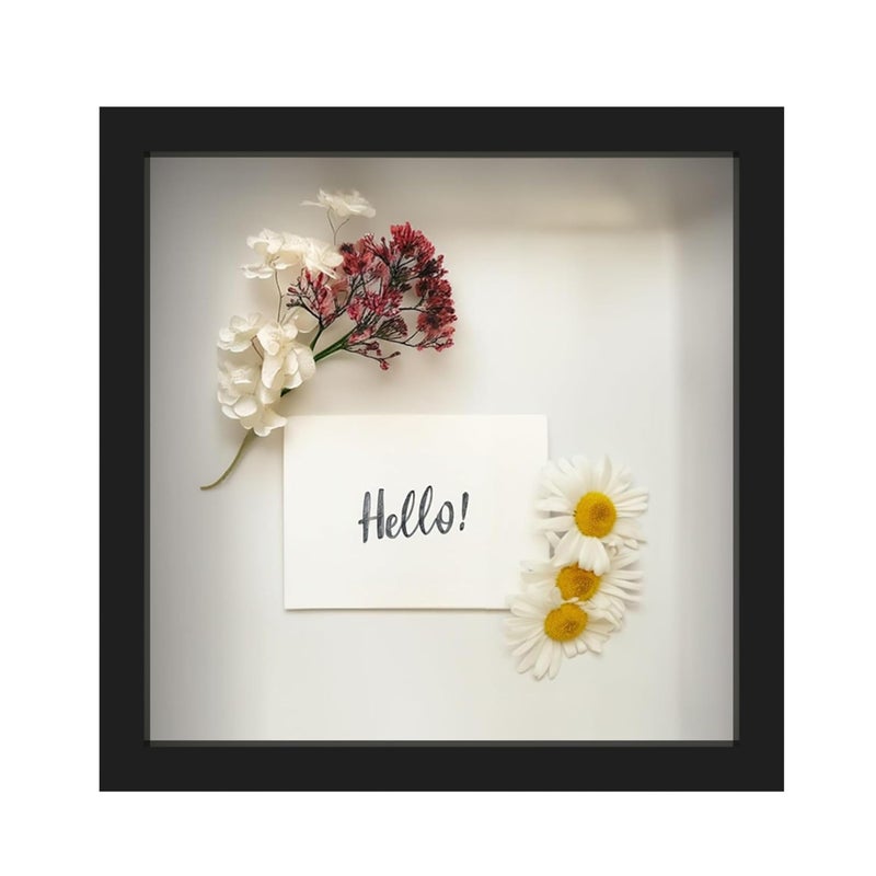FrameWorks 11 x 11 Black Wooden Shadow Box Frame  Display Case with Soft Felt Back Memory Box with Tempered Glass Display Box with Elegant White Ball Push Pins Wooden Flower Box