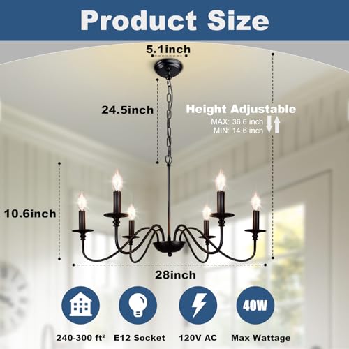 Depuley Farmhouse Chandelier for Dining Room: 6-Light Black Industrial Kitchen Island Pendant Light Fixture - Rustic Candle Chandeliers Vintage Modern Hanging Ceiling Lamp for Bedroom Foyer - Image 2