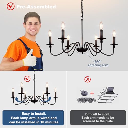 Depuley Farmhouse Chandelier for Dining Room: 6-Light Black Industrial Kitchen Island Pendant Light Fixture - Rustic Candle Chandeliers Vintage Modern Hanging Ceiling Lamp for Bedroom Foyer - Image 3