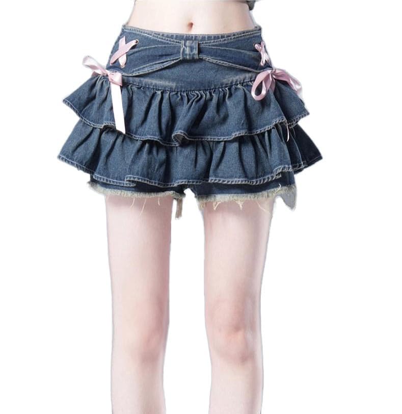 OATSBAS Y2K Women Ruffle Hem Blue Jean Pleated Mini Skirt - Denim Bustier Top Suit (Skirt,S,Small) - Image 2