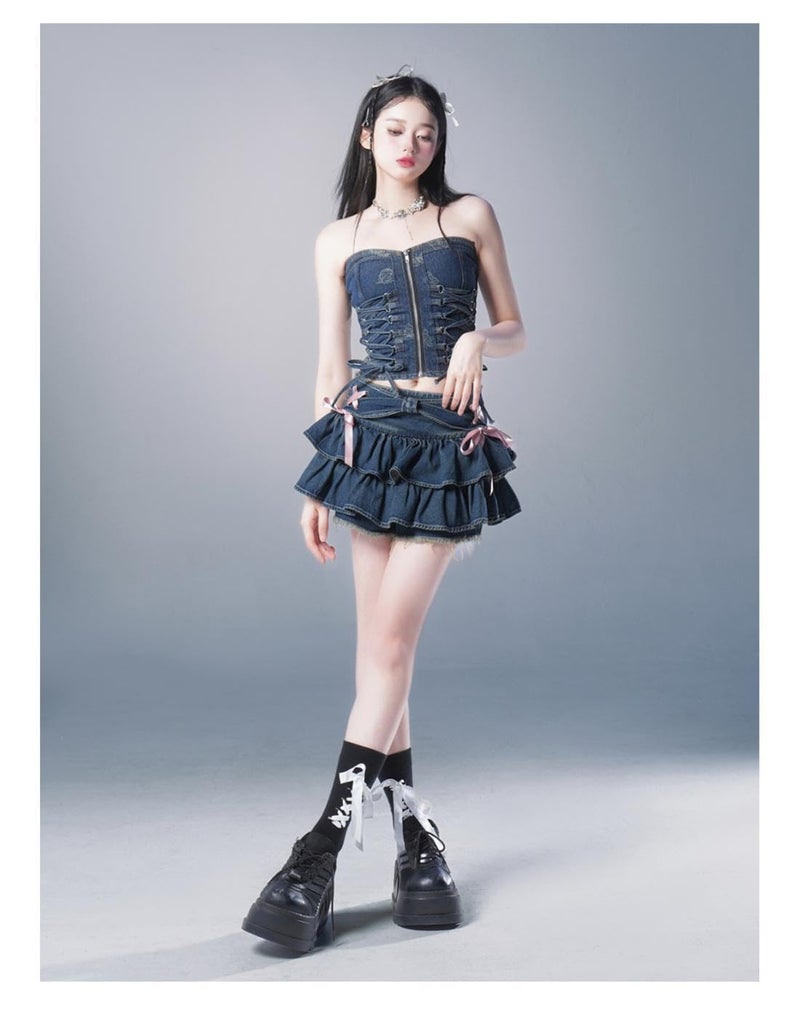 OATSBAS Y2K Women Ruffle Hem Blue Jean Pleated Mini Skirt - Denim Bustier Top Suit (Skirt,S,Small) - Image 4