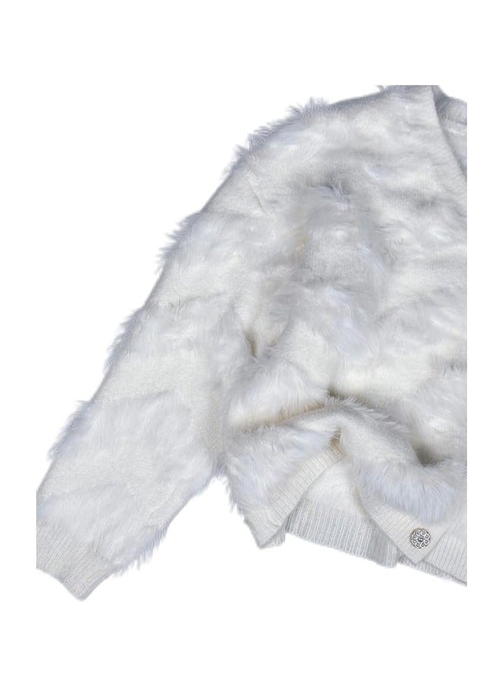 بونكا جاكيت أبيض موهير قصير برقبة على شكل V للنساء والفتيات من بونكا - Image 4