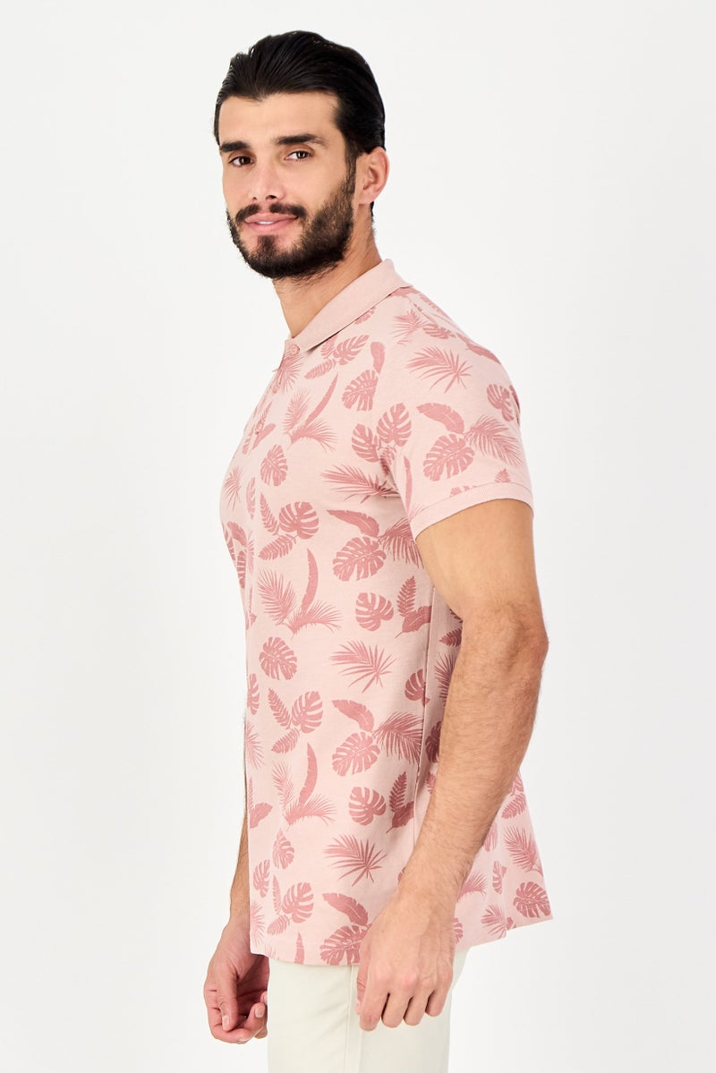 BRAVE SOUL Men Regular Fit Short Sleeve Floral Print Polo Shirt, Dusty Pink - Image 2