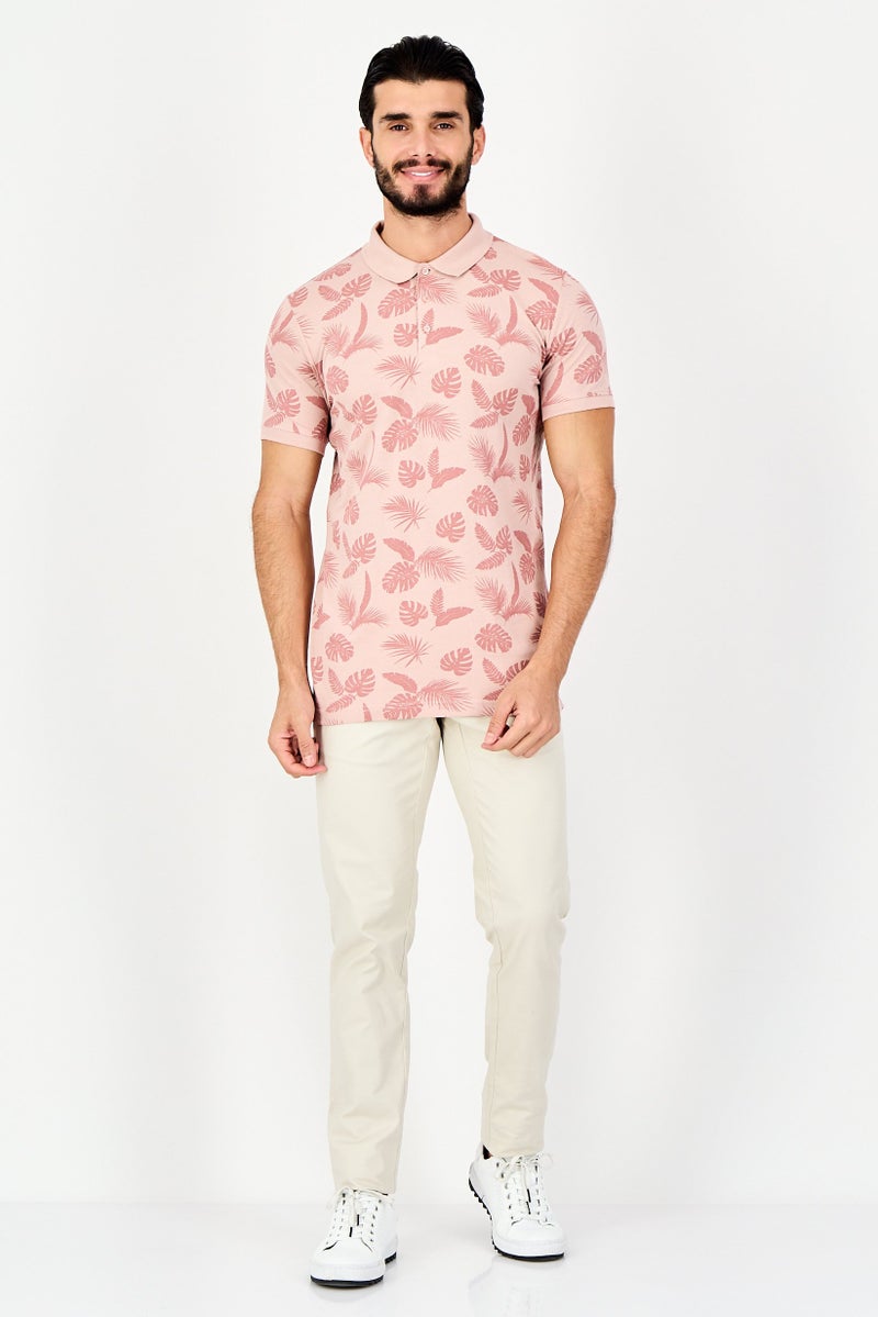 BRAVE SOUL Men Regular Fit Short Sleeve Floral Print Polo Shirt, Dusty Pink - Image 4