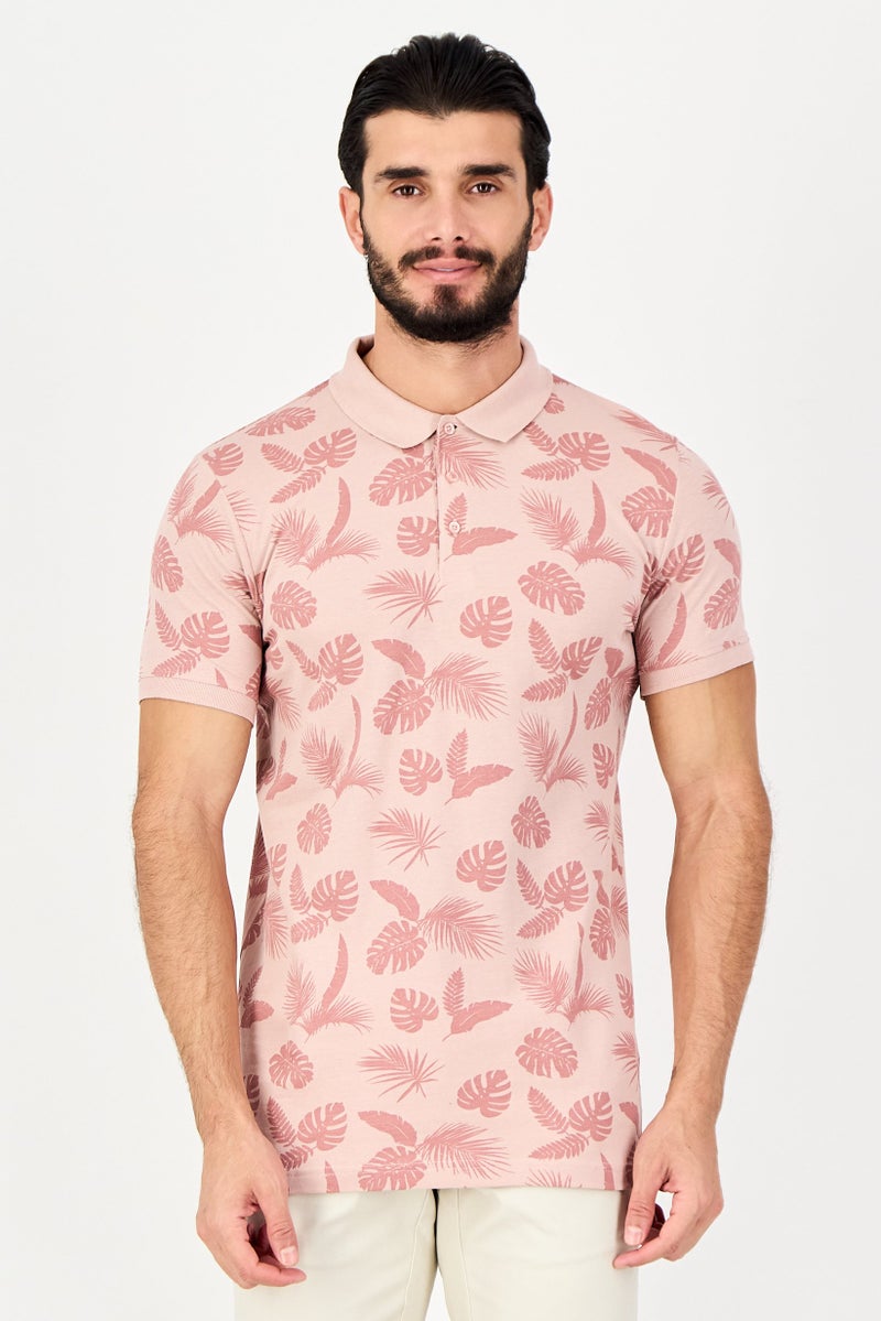 BRAVE SOUL Men Regular Fit Short Sleeve Floral Print Polo Shirt, Dusty Pink - Image 1