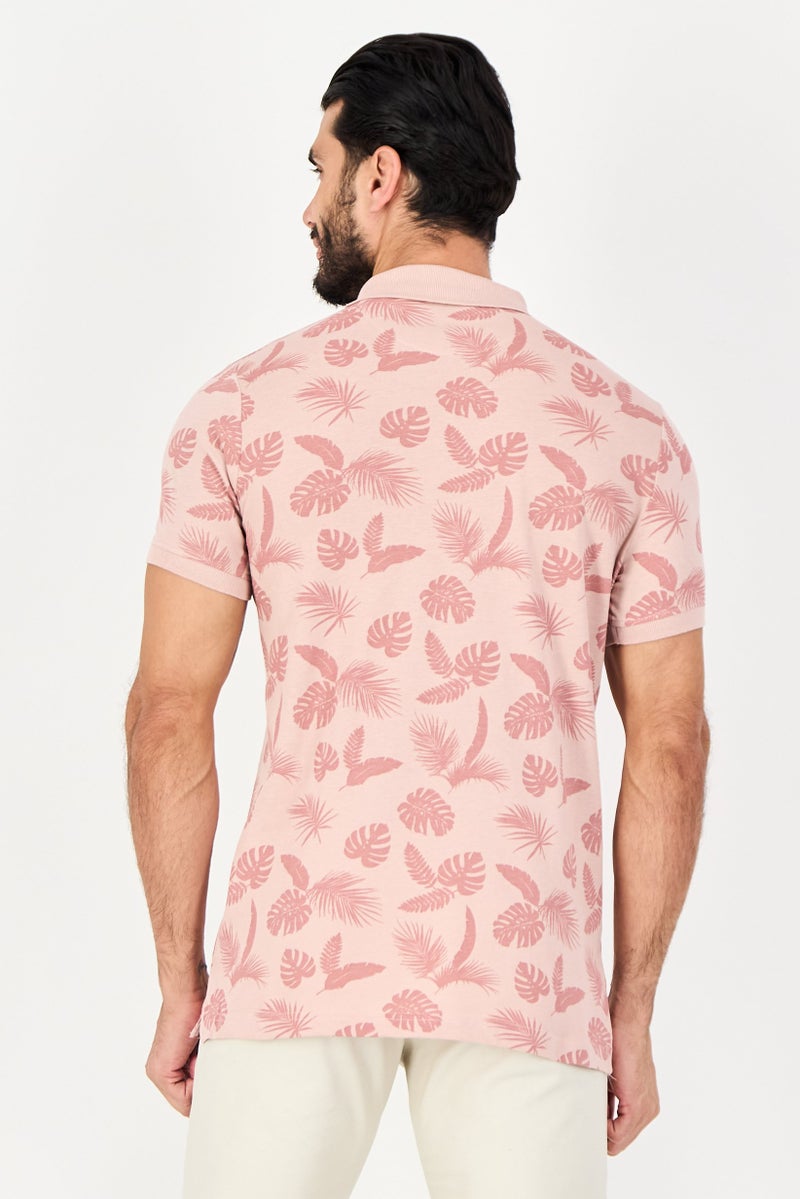 BRAVE SOUL Men Regular Fit Short Sleeve Floral Print Polo Shirt, Dusty Pink - Image 3