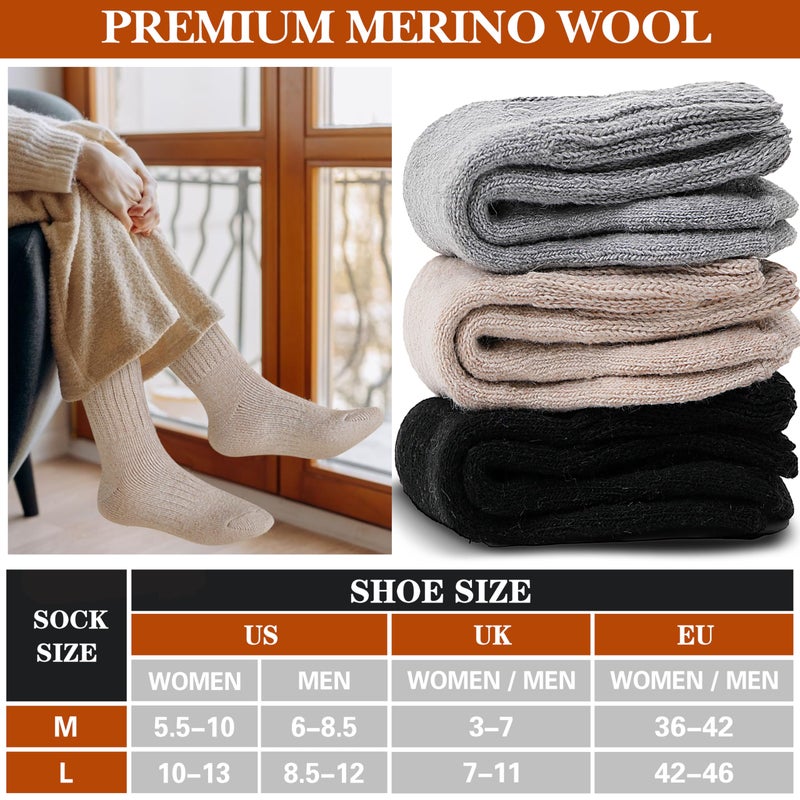 Sandsuced Merino Wool Thermal Boot Socks for Men Women Winter Warm Thick Cozy Hiking Christmas Stocking Stuffers Socks 3 Pairs(Black/Grey/Beige,M) - Image 5