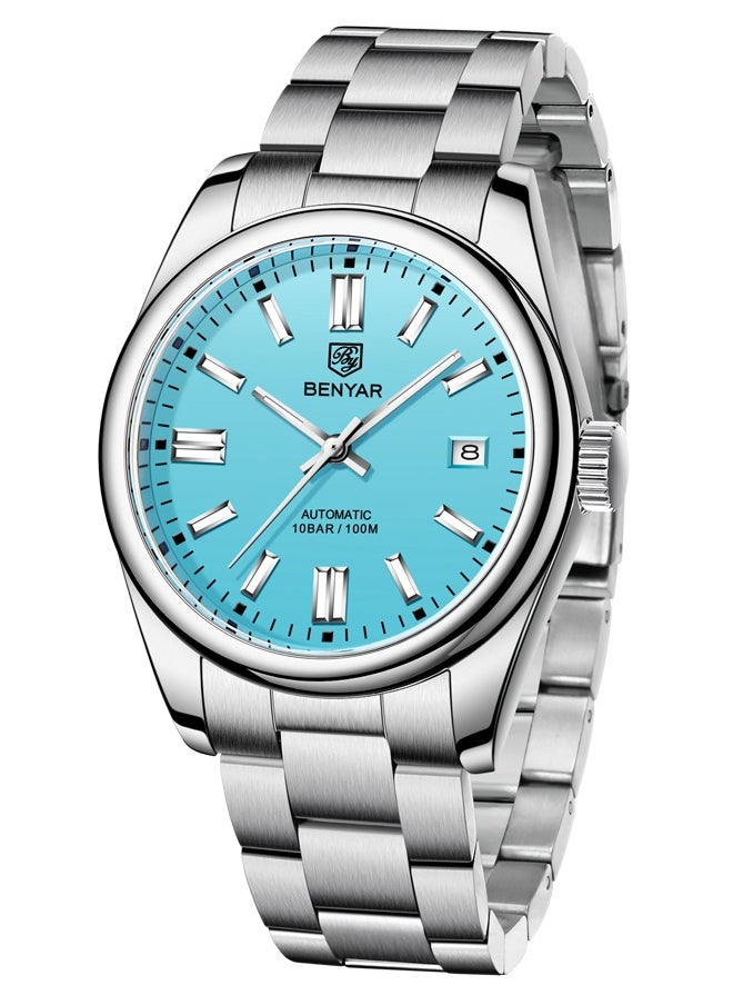 BENYAR Men's automatic watches, waterproof watches, all-steel luxury watches, casual business watches, men's Seagull ST6 mechanical synthetic glass watches BY-5185 silver blue  - Image 1