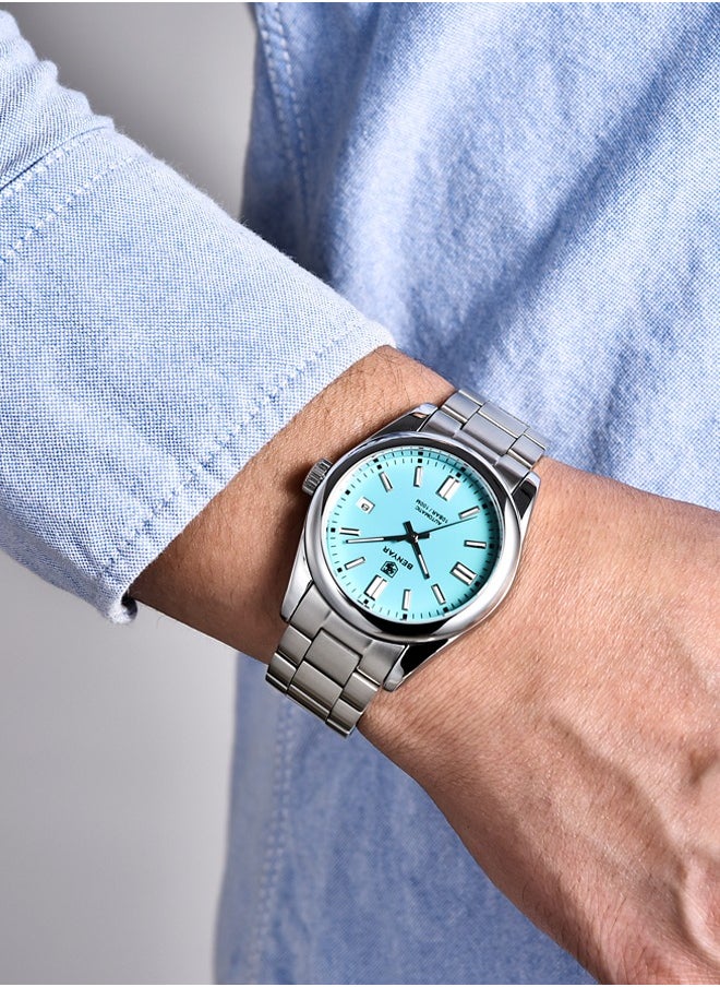 BENYAR Men's automatic watches, waterproof watches, all-steel luxury watches, casual business watches, men's Seagull ST6 mechanical synthetic glass watches BY-5185 silver blue  - Image 2