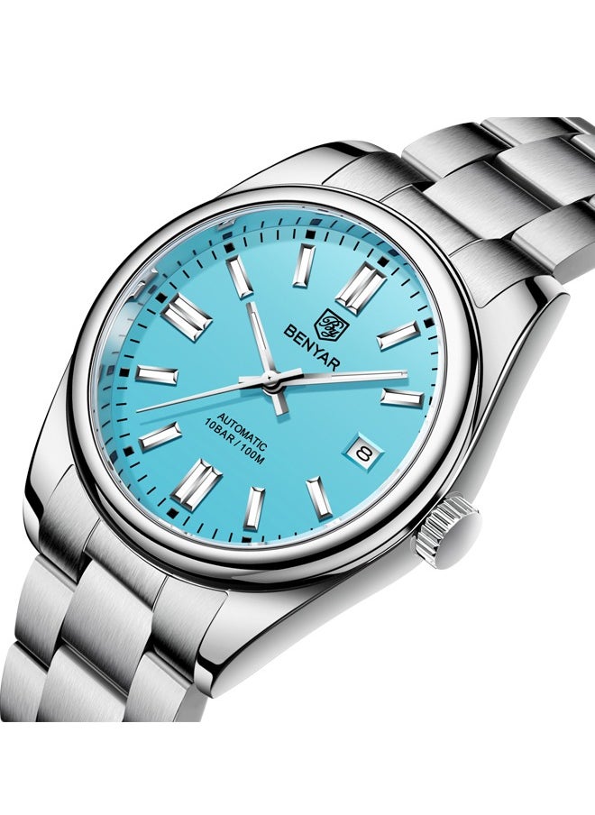 BENYAR Men's automatic watches, waterproof watches, all-steel luxury watches, casual business watches, men's Seagull ST6 mechanical synthetic glass watches BY-5185 silver blue  - Image 3