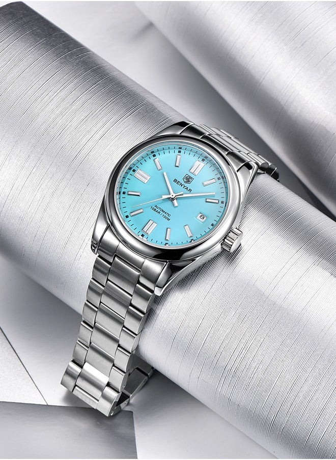 BENYAR Men's automatic watches, waterproof watches, all-steel luxury watches, casual business watches, men's Seagull ST6 mechanical synthetic glass watches BY-5185 silver blue  - Image 4