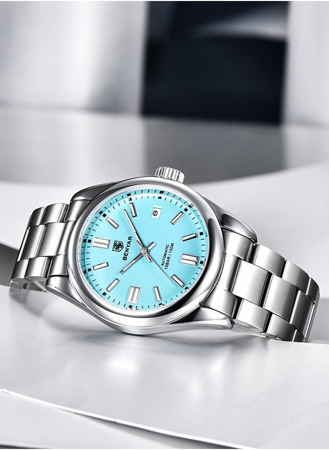 BENYAR Men's automatic watches, waterproof watches, all-steel luxury watches, casual business watches, men's Seagull ST6 mechanical synthetic glass watches BY-5185 silver blue  - Image 5