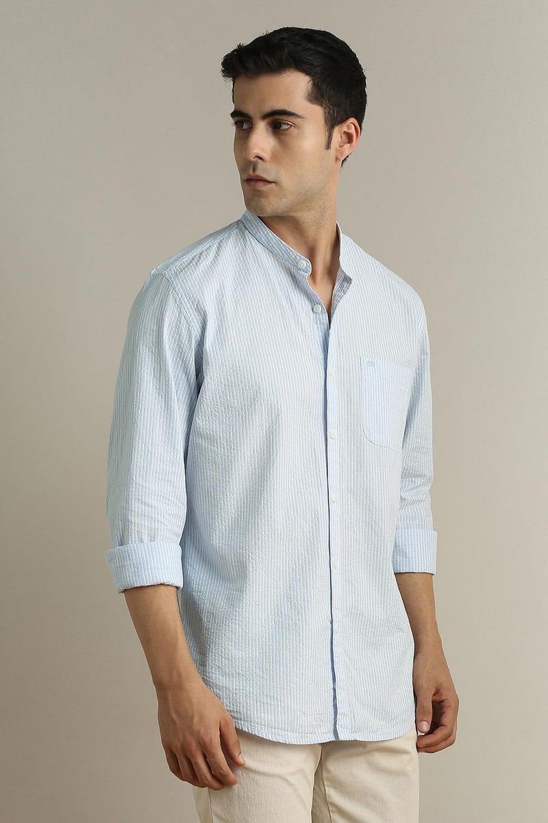 Peter England Men Light Blue Slim Fit Stripe Full Sleeves Casual Shirt - Image 3