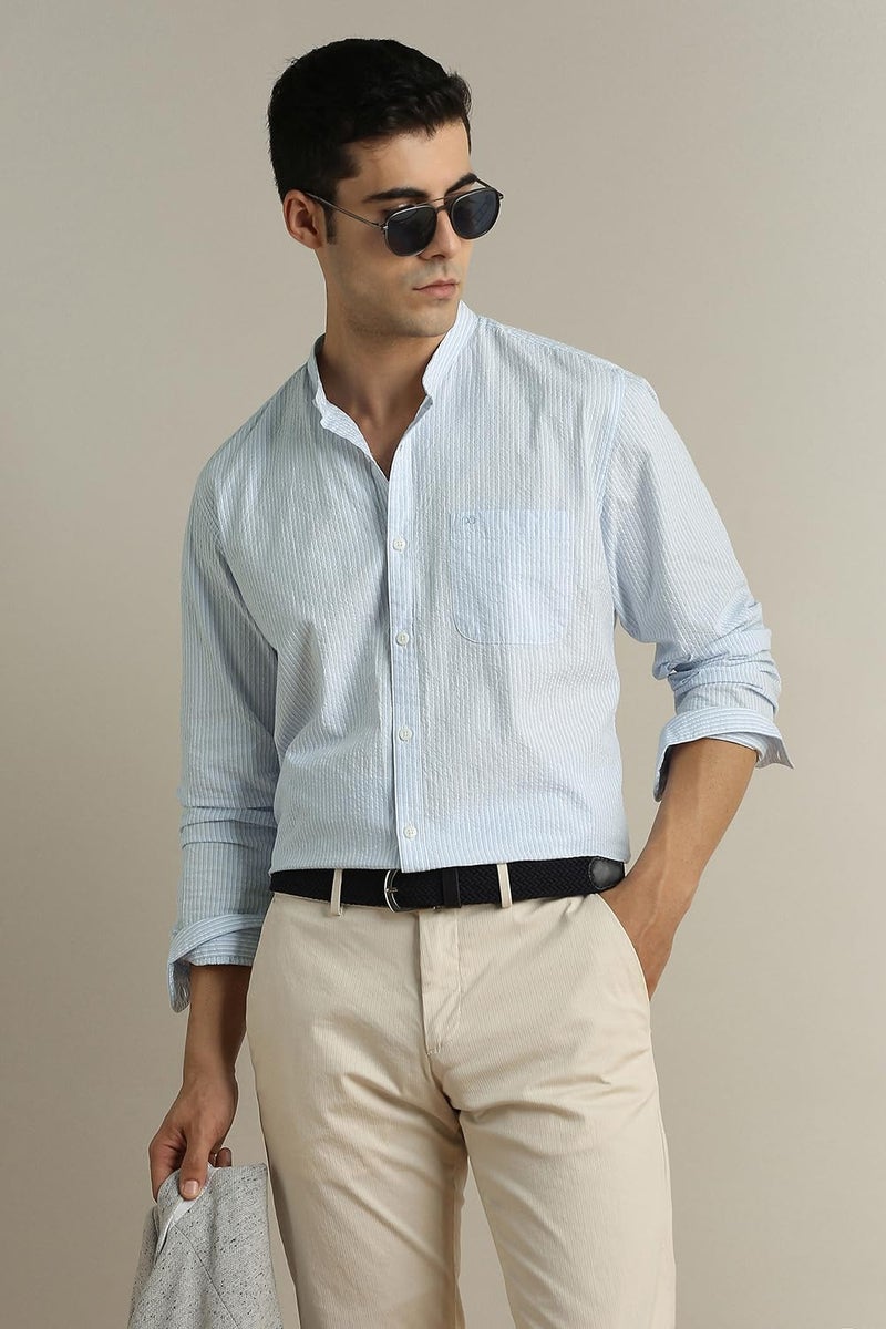 Peter England Men Light Blue Slim Fit Stripe Full Sleeves Casual Shirt - Image 2