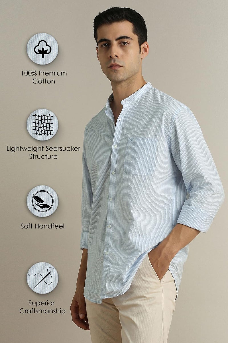 Peter England Men Light Blue Slim Fit Stripe Full Sleeves Casual Shirt - Image 4