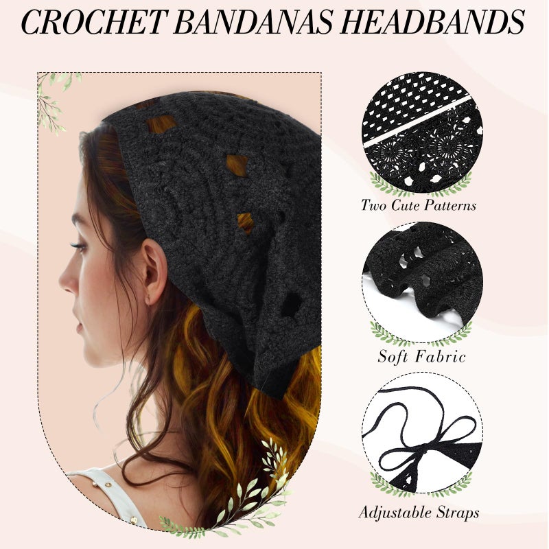 obeoby 4 Pack Crochet Bandanas Headscarf for Spring and Summer, Vintage Floral Hair Bandanas Headband for Girls with Hair Pins - Image 2