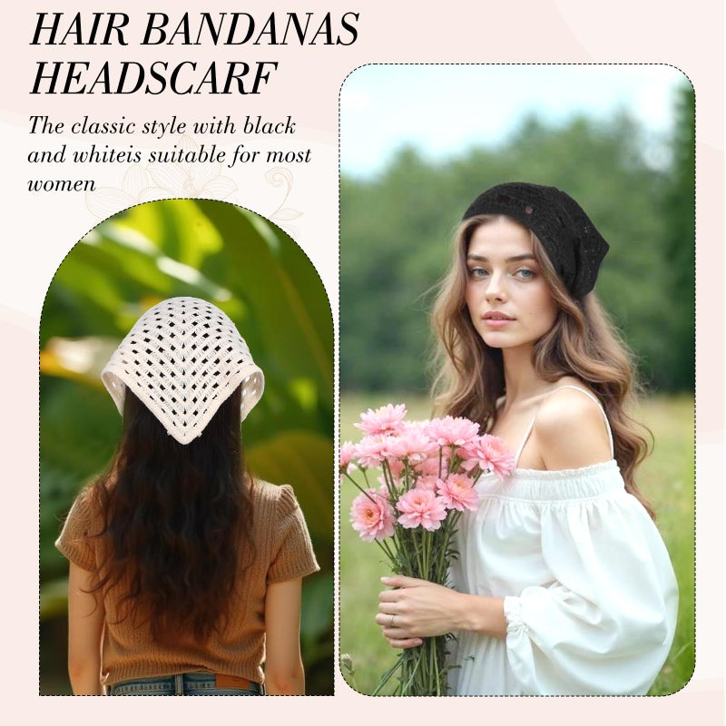 obeoby 4 Pack Crochet Bandanas Headscarf for Spring and Summer, Vintage Floral Hair Bandanas Headband for Girls with Hair Pins - Image 4