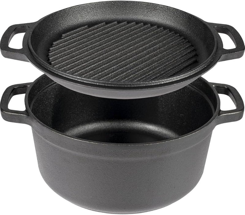 2-in-1 Cast Iron Dutch Oven with Grill Pan Lid, 25 cm, Pre-Seasoned, Black - Image 1