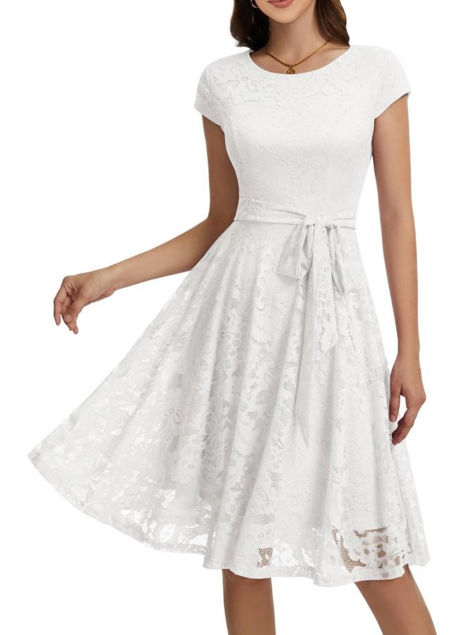 MUADRESS Women Cap-Sleeve Lace Floral Elegant Cocktail Dress Crew Neck Knee Length Bridesmaid Prom Dresses for Party White M - Image 1